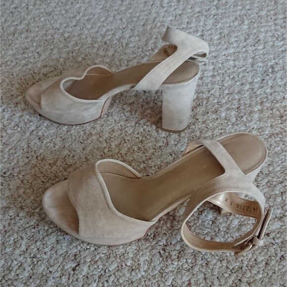 Stuart Weitzman Open Scalloped Taupe Sued Platform Sandal size 8.5M - Picture 4 of 12